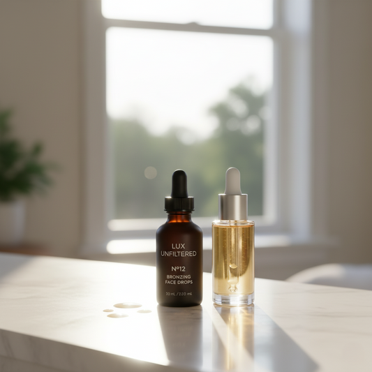 Lux Unfiltered N°12 Bronzing Face Drops — clean, vegan, fragrance-free self-tanning drops with Hyaluronic Acid and Vitamin E for hydrated, glowing skin.