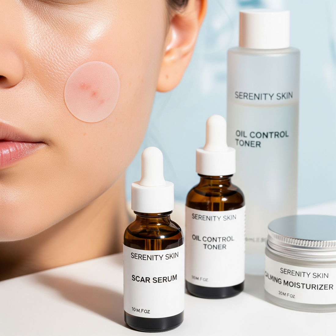 Serenity Skin Acne Spot Patches shown on clear, healthy skin with supporting products including scar serum and oil-control toner, highlighting gentle blemish care