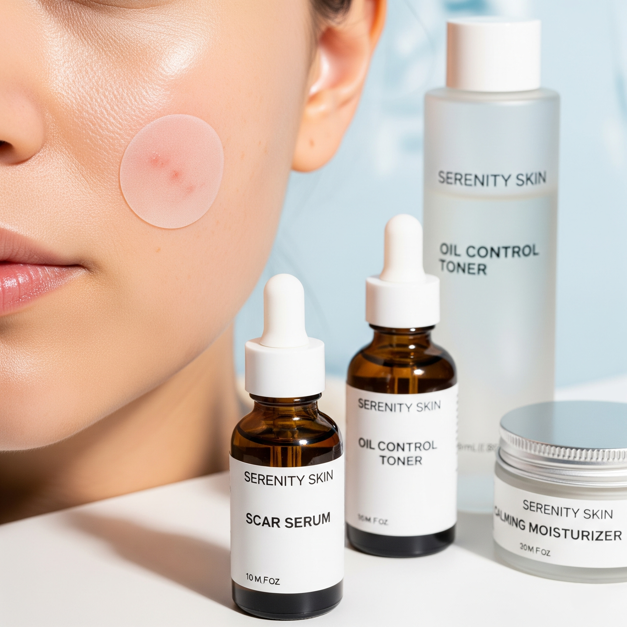 Serenity Skin Acne Spot Patches shown on clear, healthy skin with supporting products including scar serum and oil-control toner, highlighting gentle blemish care