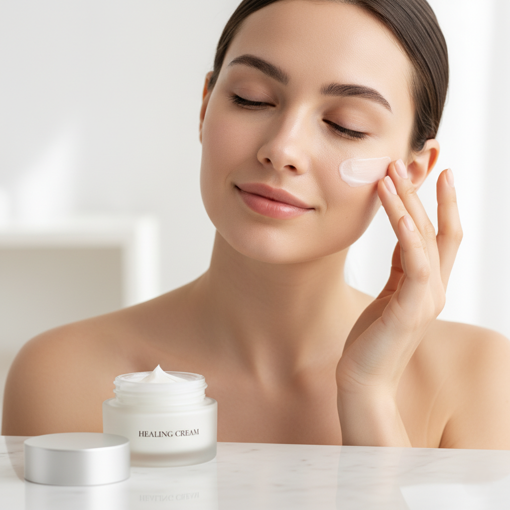 Serenity Skin Healing Cream displayed beside a model applying cream to clear, healthy skin, emphasizing post-acne recovery, scar prevention, and barrier repair
