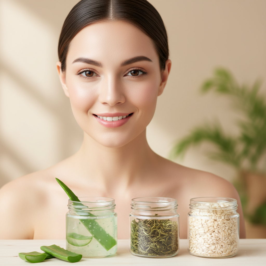 Serenity Skin Clean & Natural Skincare with aloe vera, green tea, and oat extract beside a model with clear glowing skin, highlighting gentle plant-based care for sensitive skin