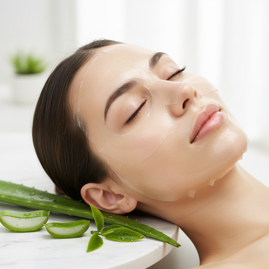Serenity Skin Soothing Mask applied on a model’s face with aloe vera, green tea leaves, and chamomile flowers nearby, highlighting calming hydration and sensitive skin care