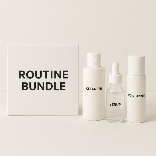 Serenity Skin Routine Bundles featuring cleanser, serum, and moisturizer set for sensitive and acne-prone skin, offering complete daily skincare solutions