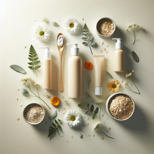 Soothing plant-based skincare products and gentle botanicals arranged in calming, soft light, ideal for sensitive skin.