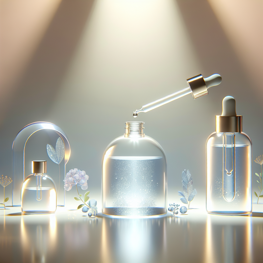 A soothing scene of gentle hydrating serum being applied to sensitive skin beside calming, fragrance-free skincare bottles.