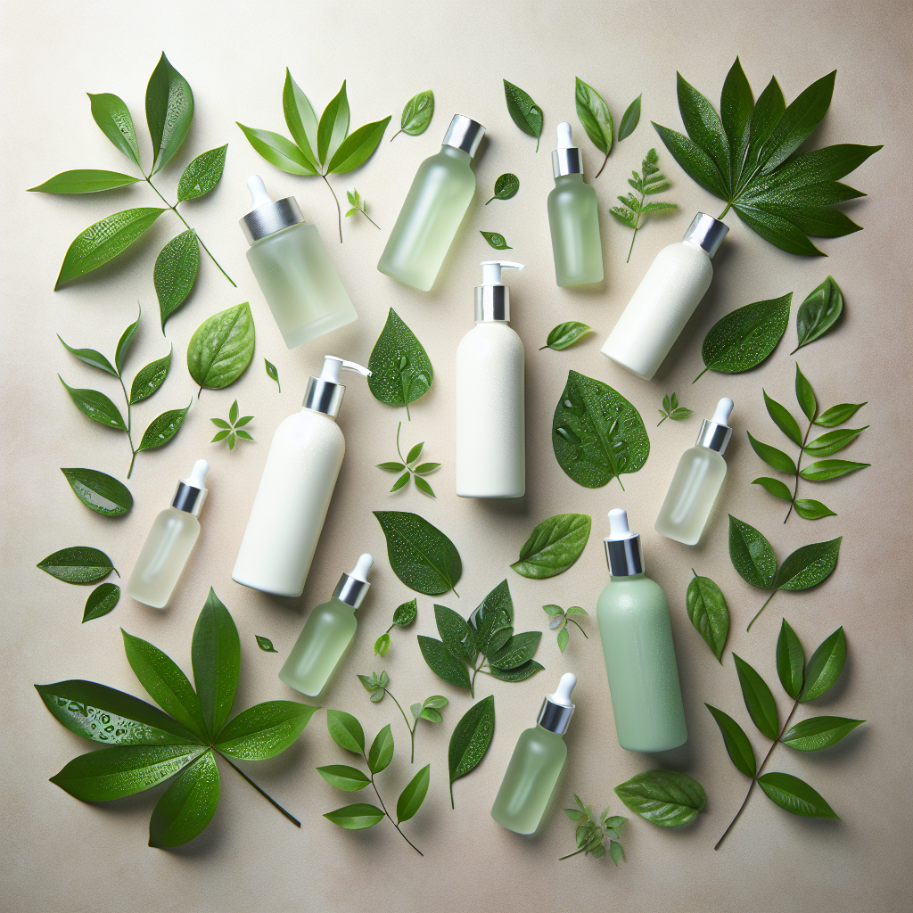 A soothing arrangement of plant-based skincare bottles and fresh botanicals, expressing gentle care for sensitive skin.