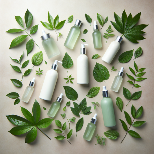 A soothing arrangement of plant-based skincare bottles and fresh botanicals, expressing gentle care for sensitive skin.