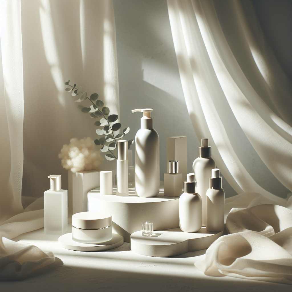 A tranquil vanity arrangement with fragrance-free skincare, soft white accents, and gentle lighting for a calming sensitive skin routine.