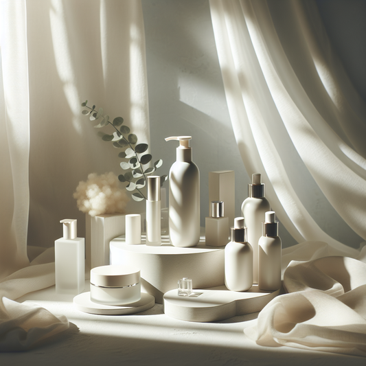 A tranquil vanity arrangement with fragrance-free skincare, soft white accents, and gentle lighting for a calming sensitive skin routine.