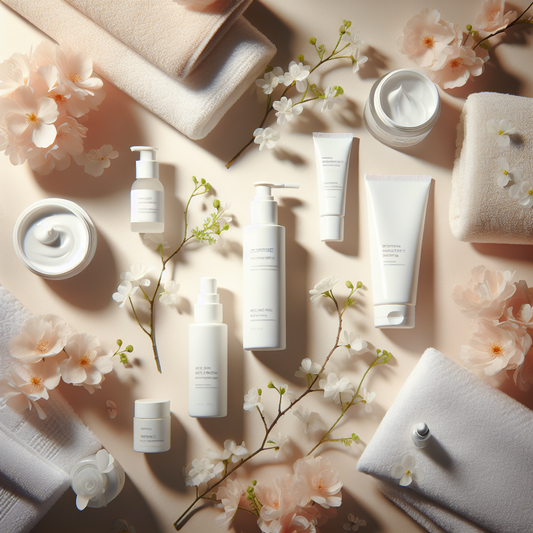 A calming arrangement of gentle skincare products and spring flowers, evoking SerenitySkin’s soothing approach for sensitive skin.