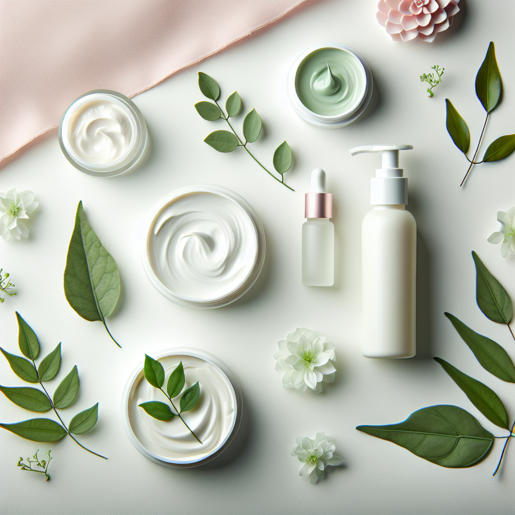 Softly lit SerenitySkin plant-based skincare products with soothing natural elements, conveying clean, gentle care for sensitive skin.