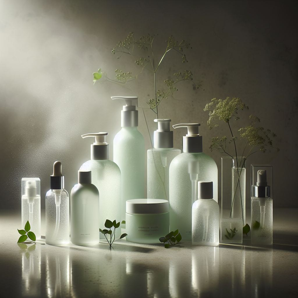 Calming still life of fragrance-free skincare products on a softly-lit counter with gentle, soothing tones.