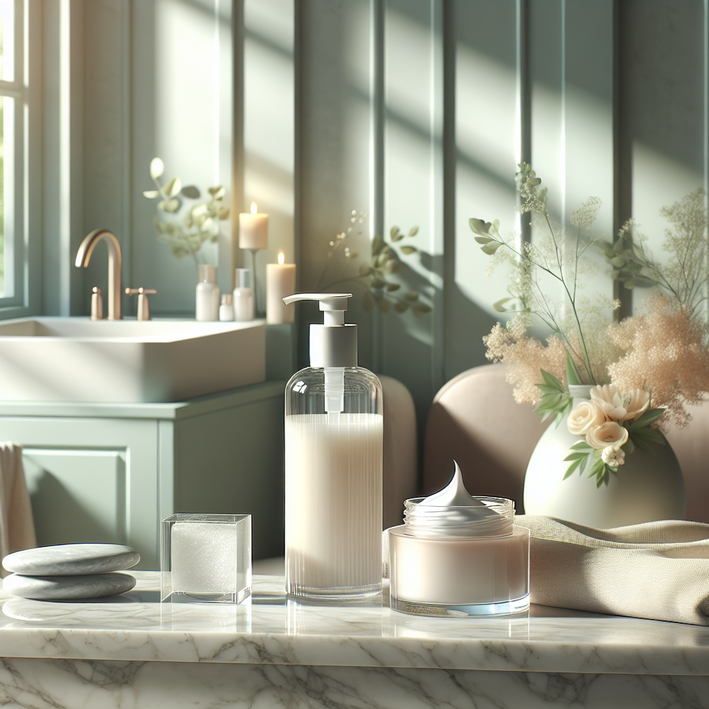 SerenitySkin gentle cleansers and moisturizer arranged in a softly lit spring bathroom setting, evoking calm and renewal.