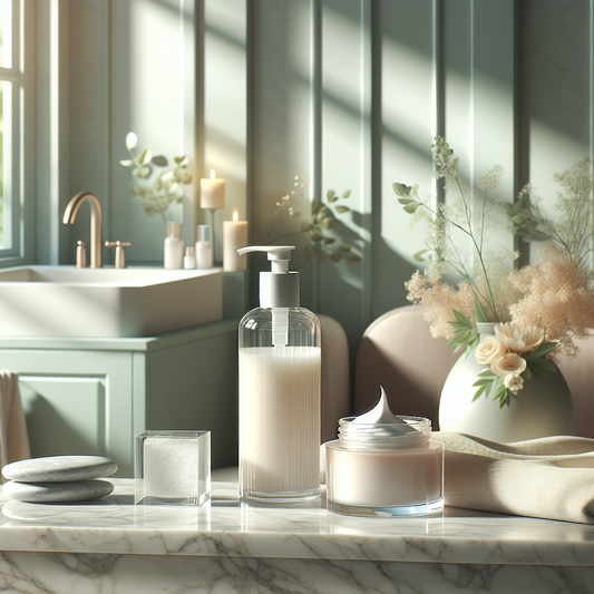 SerenitySkin gentle cleansers and moisturizer arranged in a softly lit spring bathroom setting, evoking calm and renewal.