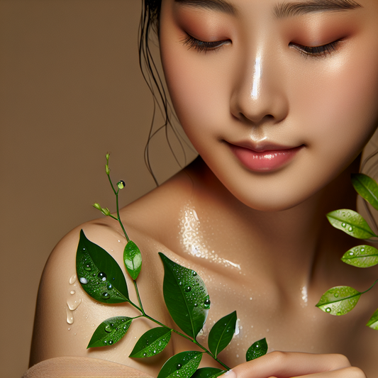 Serene, hydrated skin surrounded by fresh botanical leaves and dewdrops illustrating plant-based skincare for sensitive skin.