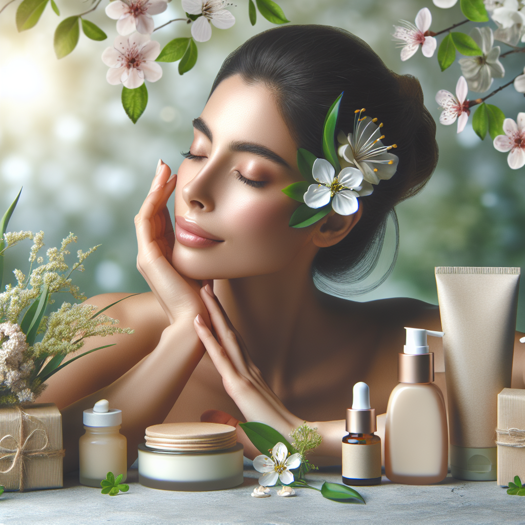 A woman with sensitive skin enjoys a gentle, plant-based skincare ritual in a calming spring setting.
