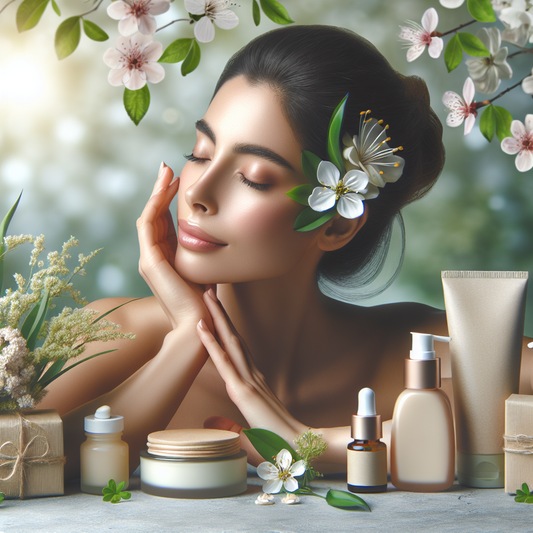 A woman with sensitive skin enjoys a gentle, plant-based skincare ritual in a calming spring setting.
