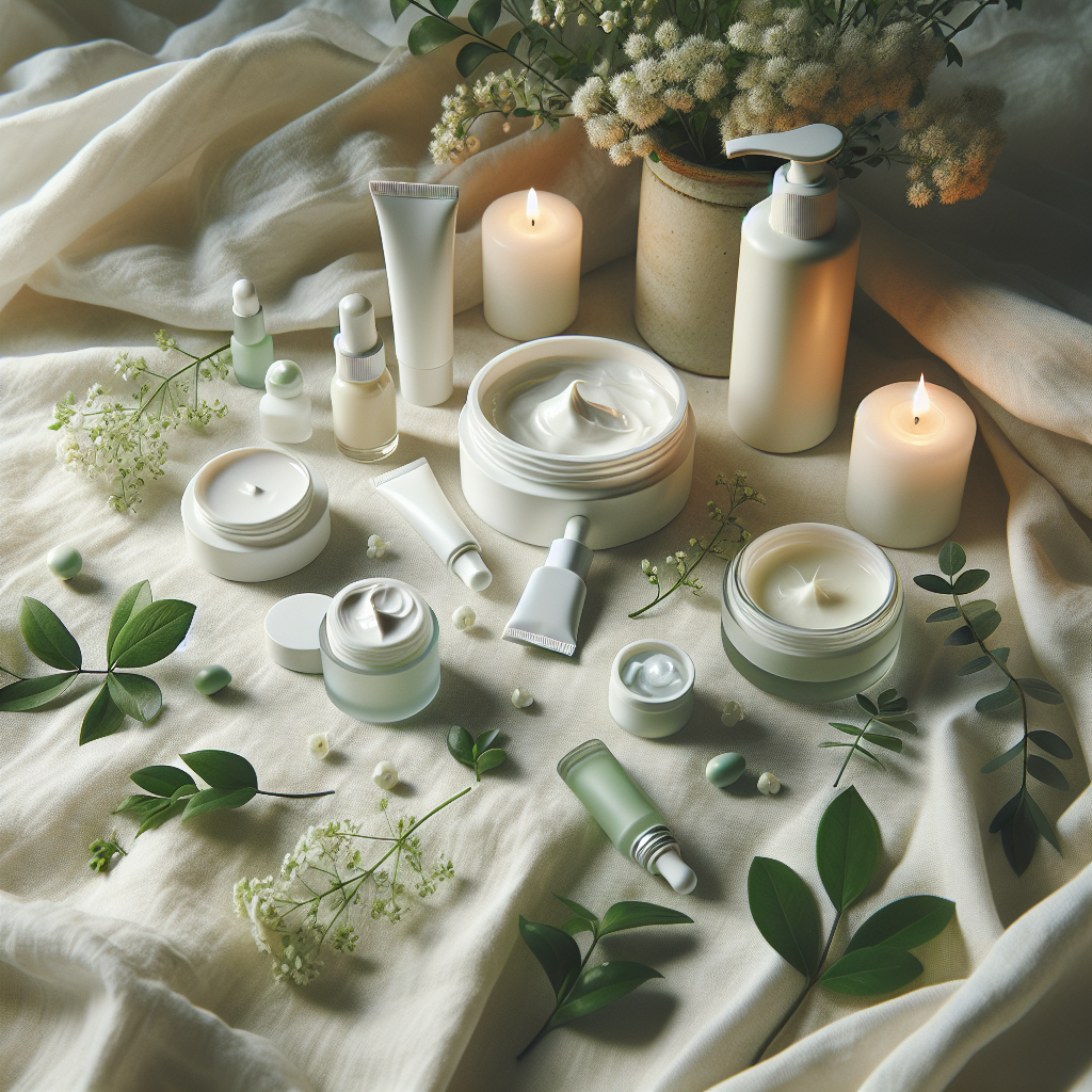 A softly lit display of gentle skincare products surrounded by spring greenery, evoking calming care for sensitive skin.