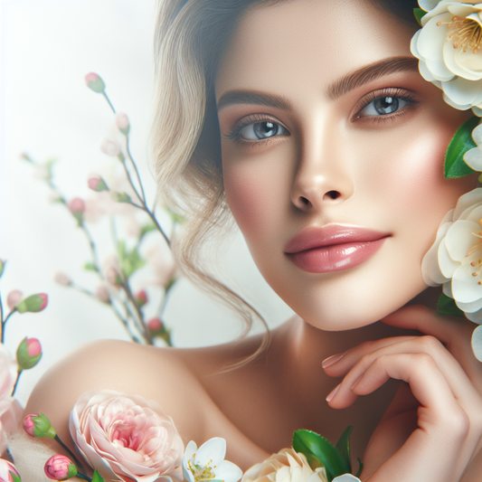 A serene woman with radiant, sensitive skin framed by soft spring flowers in gentle daylight.