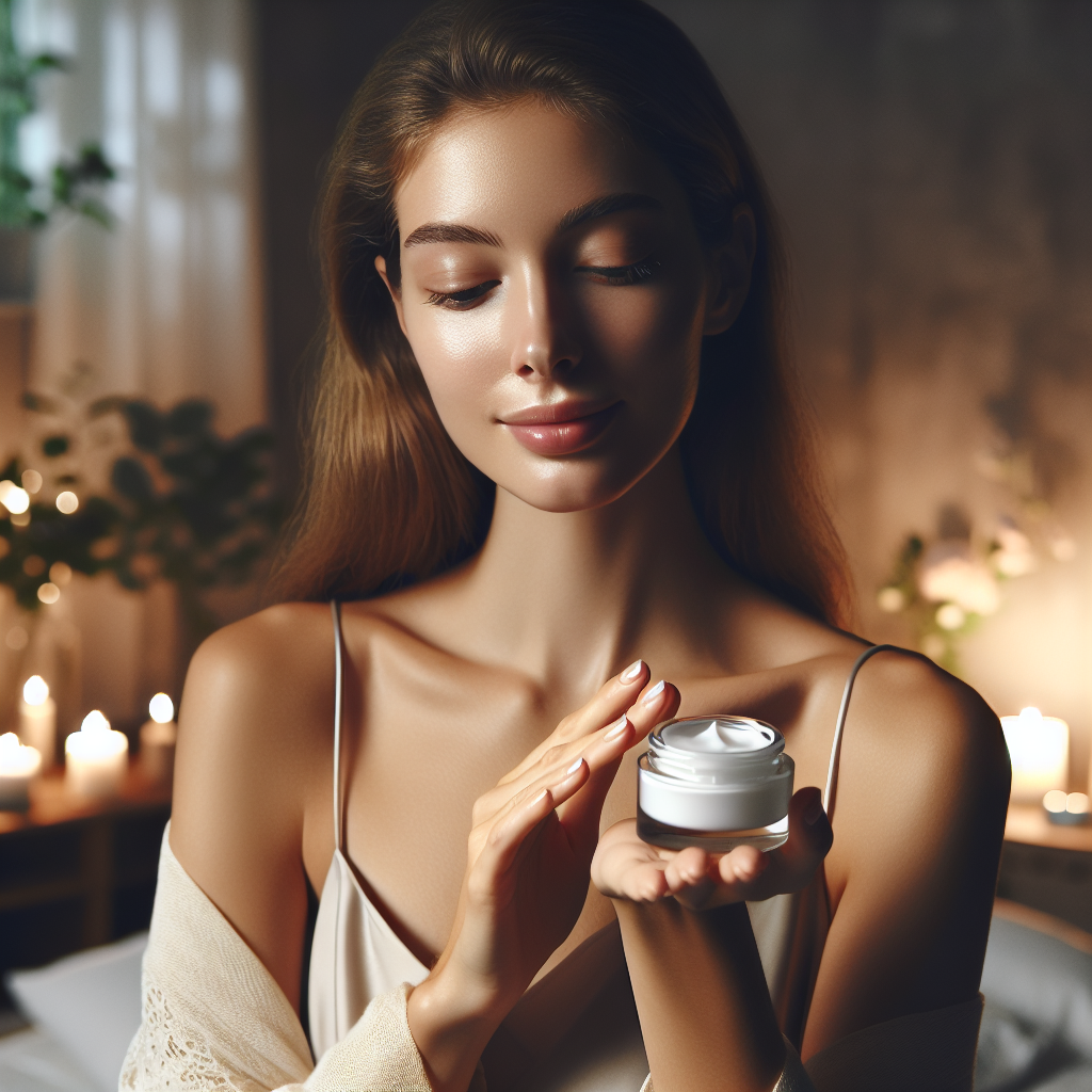 A serene woman applies gentle moisturizer to her sensitive skin in soft, calming light.