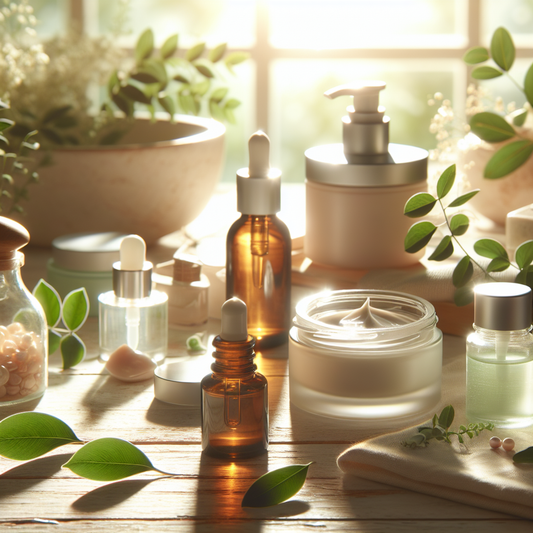 Calming botanical skincare products and green leaves on a softly-lit backdrop, perfect for sensitive skin.