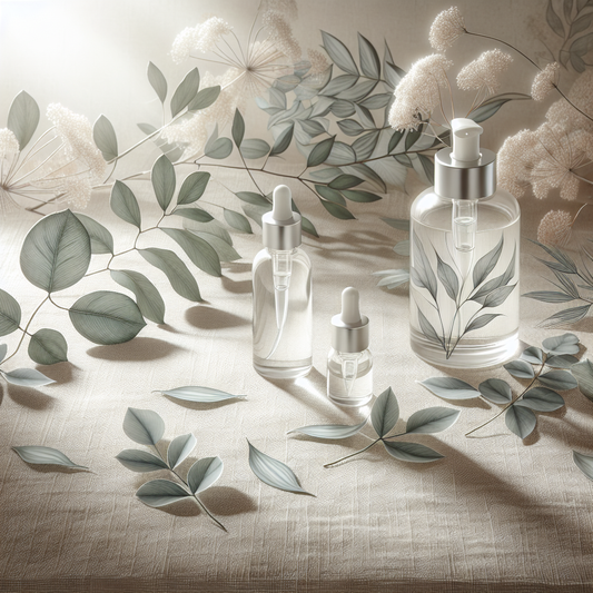 A calming image of glass bottles and green leaves reflecting gentle, plant-based skincare for sensitive skin.
