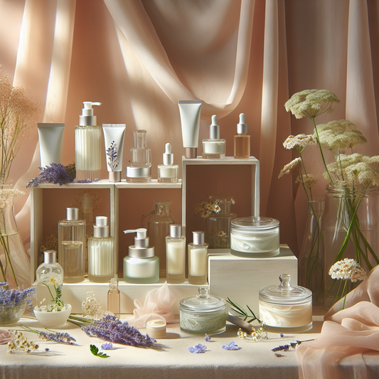 A calming, spring-inspired arrangement of clean skincare products for sensitive skin in soft natural lighting.