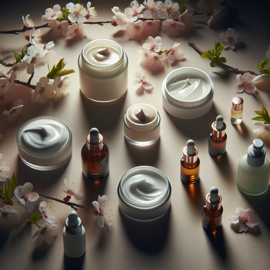 Calming flat lay of gentle, fragrance-free skincare products and spring flowers, evoking a soothing clean beauty mood.