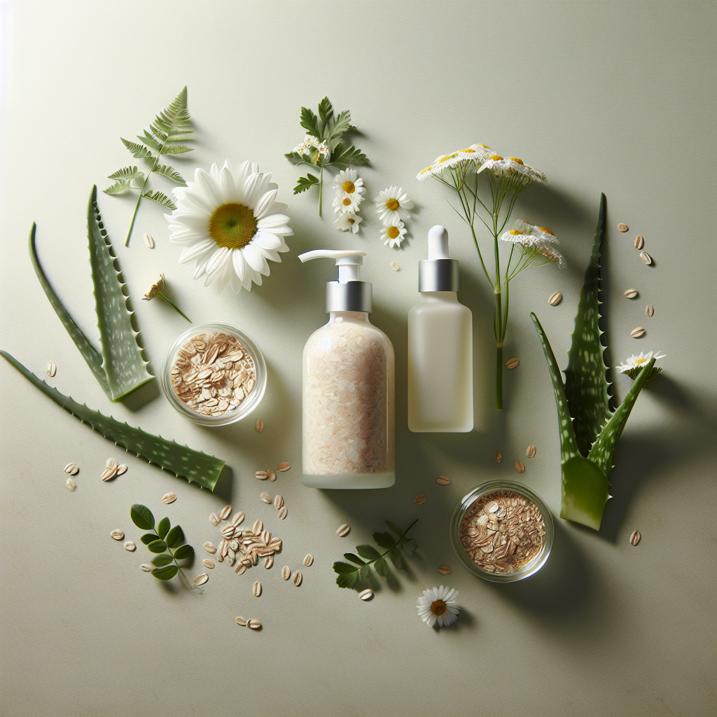 Botanical SerenitySkin products with chamomile, aloe, and oats on a gentle, softly lit background.