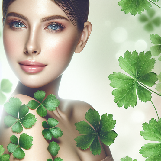 A peaceful woman with calm, glowing skin beside cica leaves, showing gentle skincare.