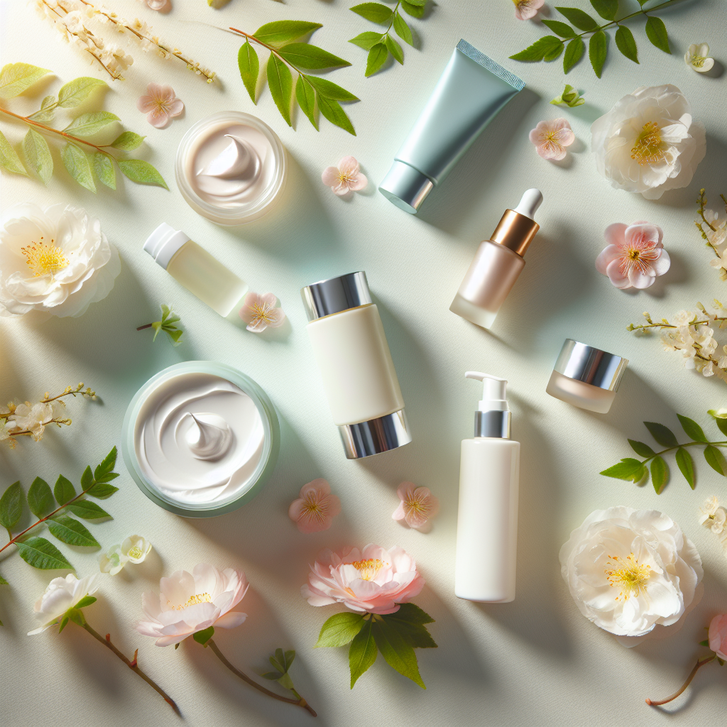 Gentle skincare creams and moisturizers surrounded by spring flowers and leaves, evoking softness and renewal.