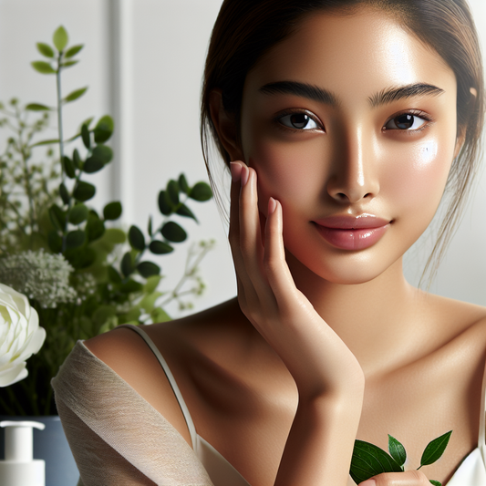 A woman with radiant, sensitive skin gently touching her face in a calm, summer-inspired setting.