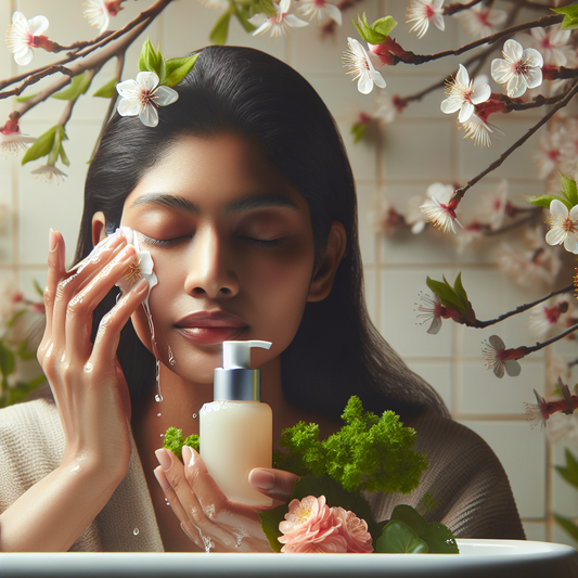 A serene woman tends to her sensitive skin with gentle, clean beauty products amidst spring blossoms.