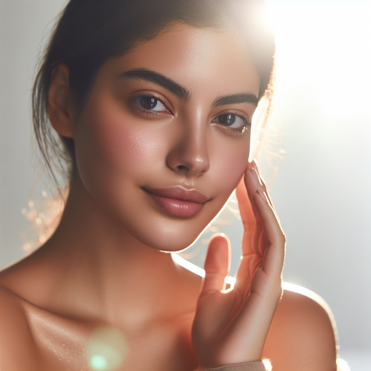 A serene woman with radiant, post-acne skin bathed in gentle natural light, conveying calm and recovery.