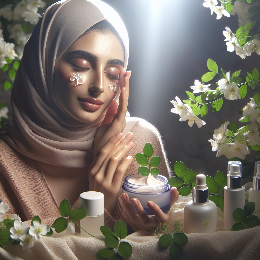 A woman with luminous, hydrated skin gently touches her face, surrounded by soft spring botanicals, evoking calm and barrier care.