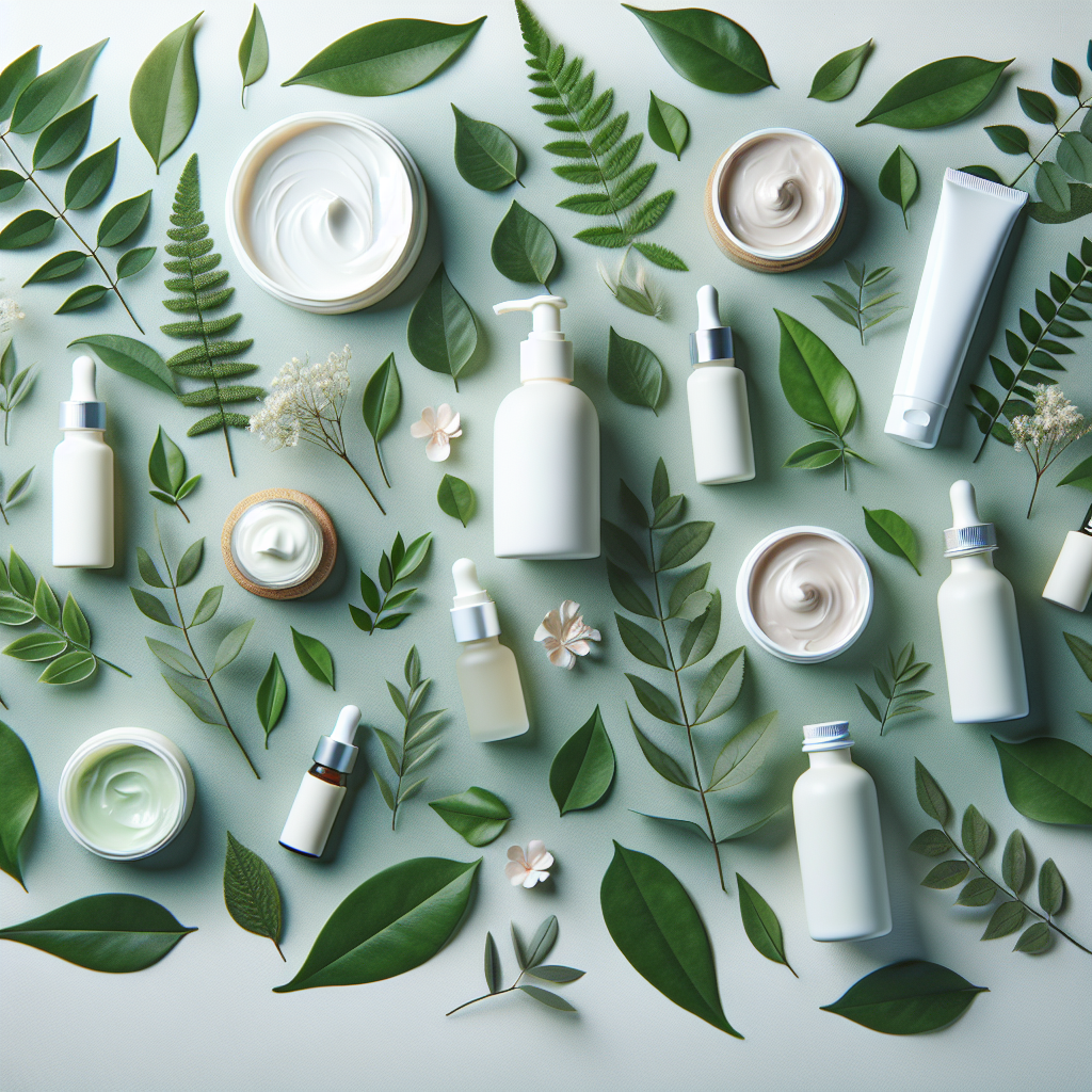 Calming scene of SerenitySkin plant-based skincare products among soothing green leaves, ideal for sensitive skin.