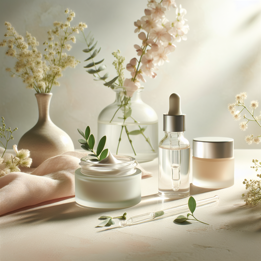 A calm skincare flatlay with plant-based serums and creams for sensitive spring skin.