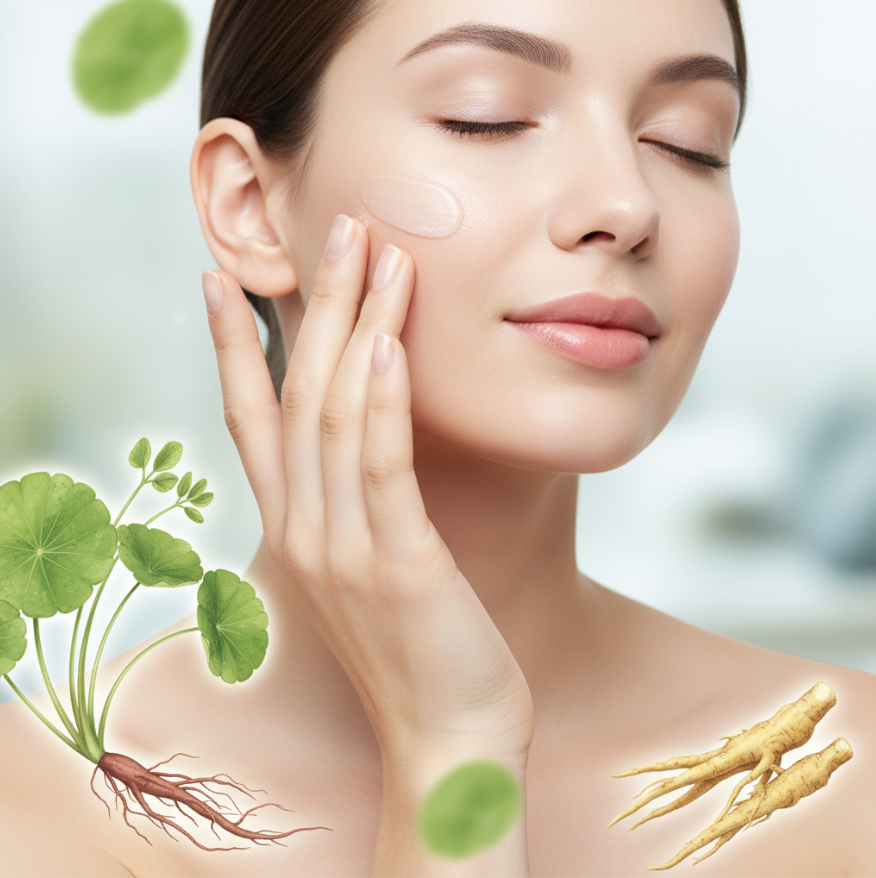 Serenity Skin Post-Acne Recovery cream applied on sensitive skin with centella and licorice root beside, emphasizing scar fading, redness relief, and barrier repair