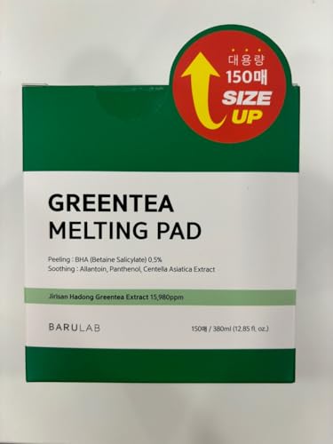 Green Tea BHA Melting Toner Pads w/Centella Asiatica - 150 Large Pads Soothing Hydrating Moisturizing 13 Oz | All Skin Types | Anti-blemish Daily Care Gentle Mild Peeling Exfoliating Korean Skincare