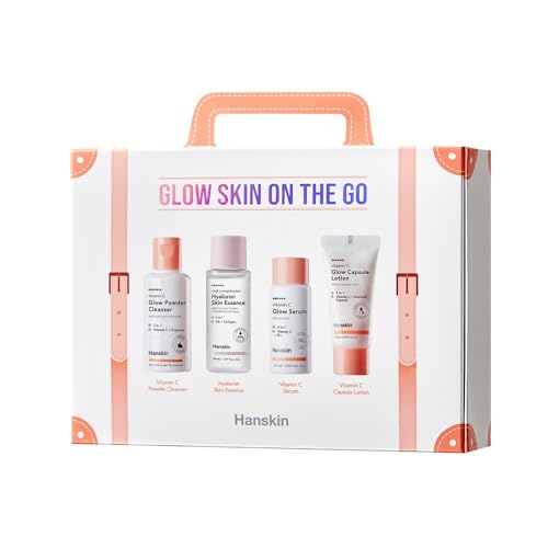 Hanskin Glow Skin on the Go Kit– Brightening & Hydrating Travel Kit with Cleanser, Essence, Serum & Lotion – Korean Skincare for Glowing, Radiant Skin – Moisturizing Face Care Vitamin C Gift Set