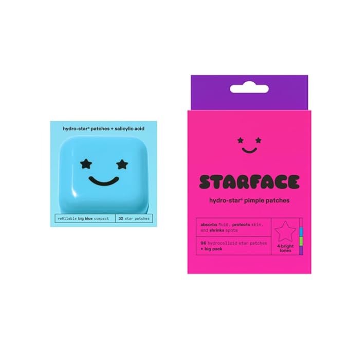 Starface World Hydro-Star + Salicylic Acid Patches (32 ct) with Big Blue Compact and Party Pack Hydrocolloid Pimple Patches Big Pack (96 ct)