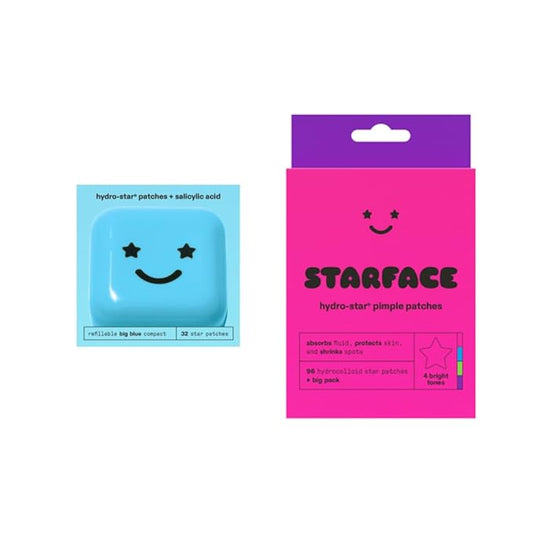 Starface World Hydro-Star + Salicylic Acid Patches (32 ct) with Big Blue Compact and Party Pack Hydrocolloid Pimple Patches Big Pack (96 ct)