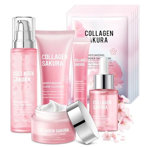 Sakura Skin Care Set for Teen Girls, 10-In-1 Travel Skin Care Kits with Collagen, Hydrates & Soothes, Cherry Blossom Skincare Gift Set for Teens & Women, Moisturize & Repair Skin, Daily Skin Care