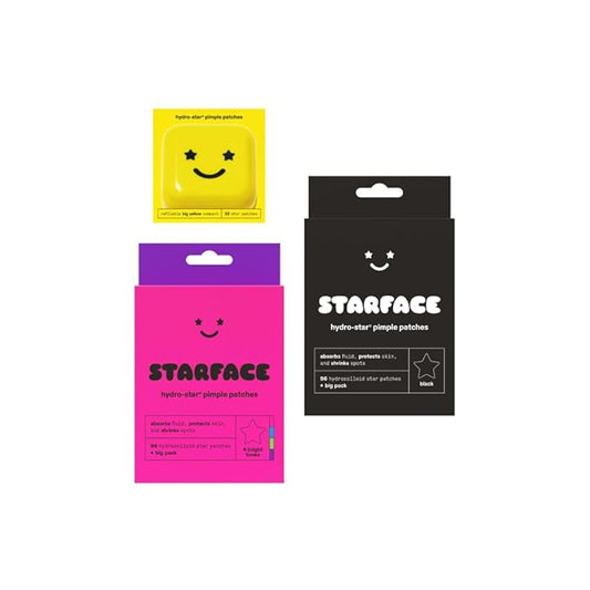 Starface World Hydro-Star Hydrocolloid Pimple Patches (32 ct) with Big Yellow Compact, Party Pack Colorful Big Pack (96 ct), and Black Star Big Pack (96 ct)