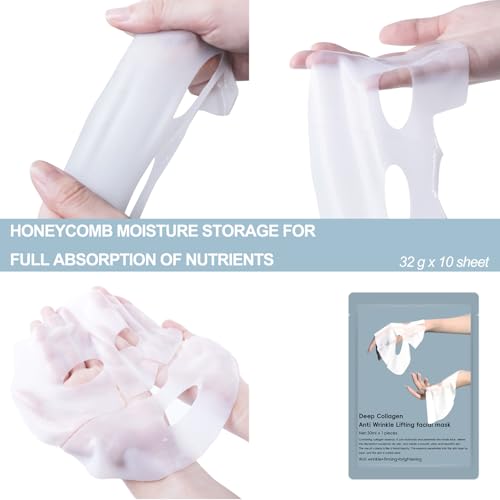 30ml Deep Collagen Anti-Wrinkle Lifting Mask (32g x 10 ae) – Facial sheet masks with low molecular weight collagen, Hydrate, Lift & Smooth Wrinkles for Travel & Daily Use, Korean Skin Care