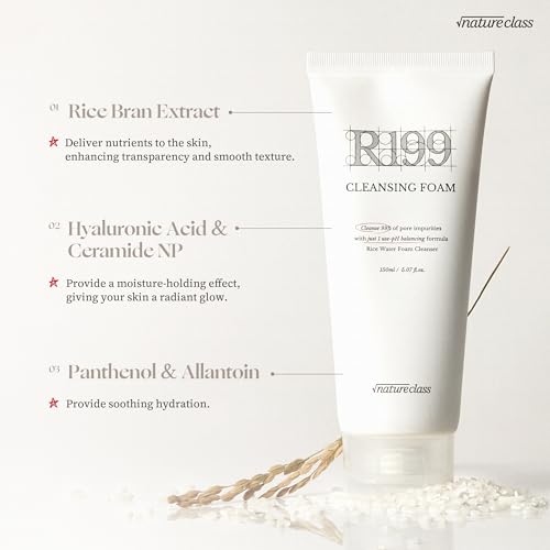 NATURECLASS R199 Gentle Cleansing Foam with Rice Bran Extract–Deep Cleansing,Exfoliating, Hydrating & Low pH Formula for Radiant Skin, Makeup Removal, Korean Skincare 5.07 fl.oz.