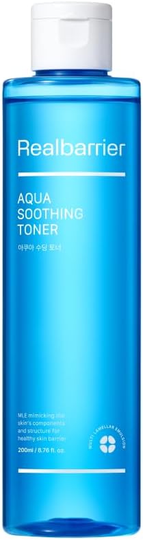Real Barrier Aqua Soothing Toner 6.76 Fl Oz, Moisturizing to Soothe Heated Skin, Hyaluronic Acid Cooling Soothing Toner, Mildly Acidic Toner with Hypoallergenic Cooling Ingredient, Korean Skincare