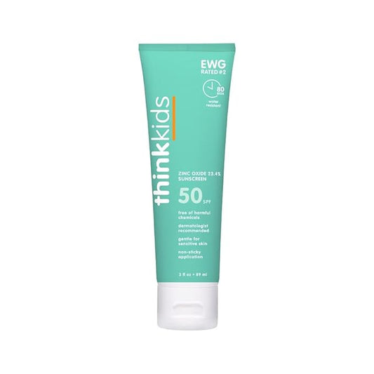 Thinkkids Safe Mineral Sunscreen SPF 50+, 3 Fl Oz, Natural, Water Resistant Reef Safe Sunscreen for Children, Broad Spectrum UVA/UVB Sun Screen
