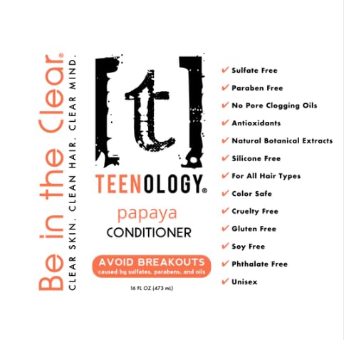 Teenology Conditioner for Teens - Avoid Forehead and Body Acne - Sulfate and Paraben Free, Noncomedogenic, Natural Botanical Extracts, NEW Fresh Papaya - 16 oz.