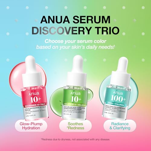 Anua Serum Discovery Trio, Mini Face Serum Travel Size Kit with Hyaluronic Acid, Niacinamide & Azelaic Acid, Hydrating Soothing Gift Set for Women, Korean Skincare Set -10ml/0.33fl.oz × 3EA